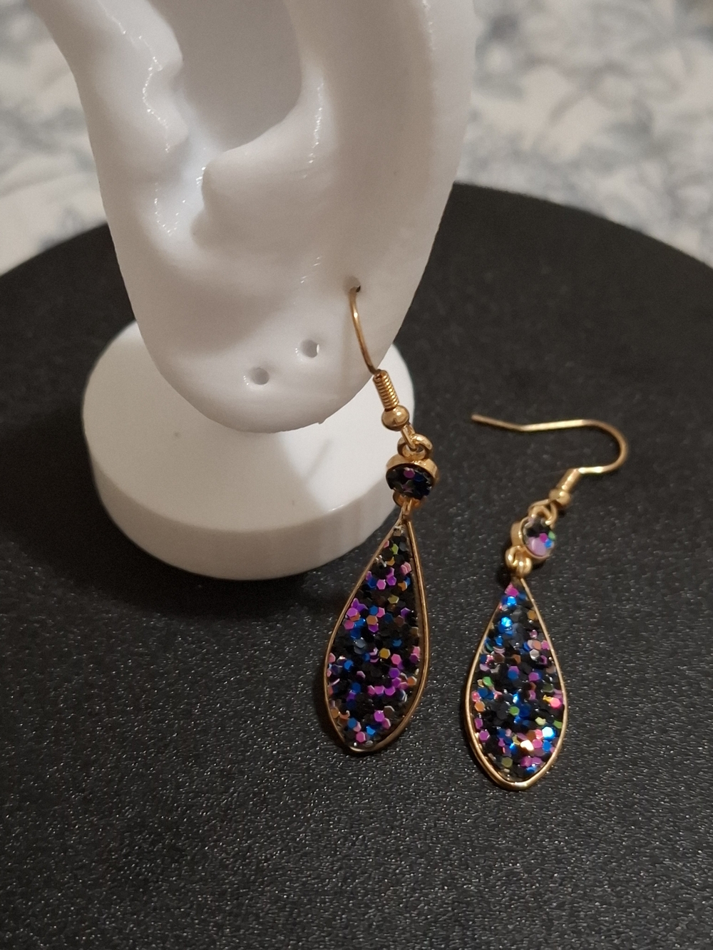 Gold Teardrop Earrings with Multicolor Glitter Accents